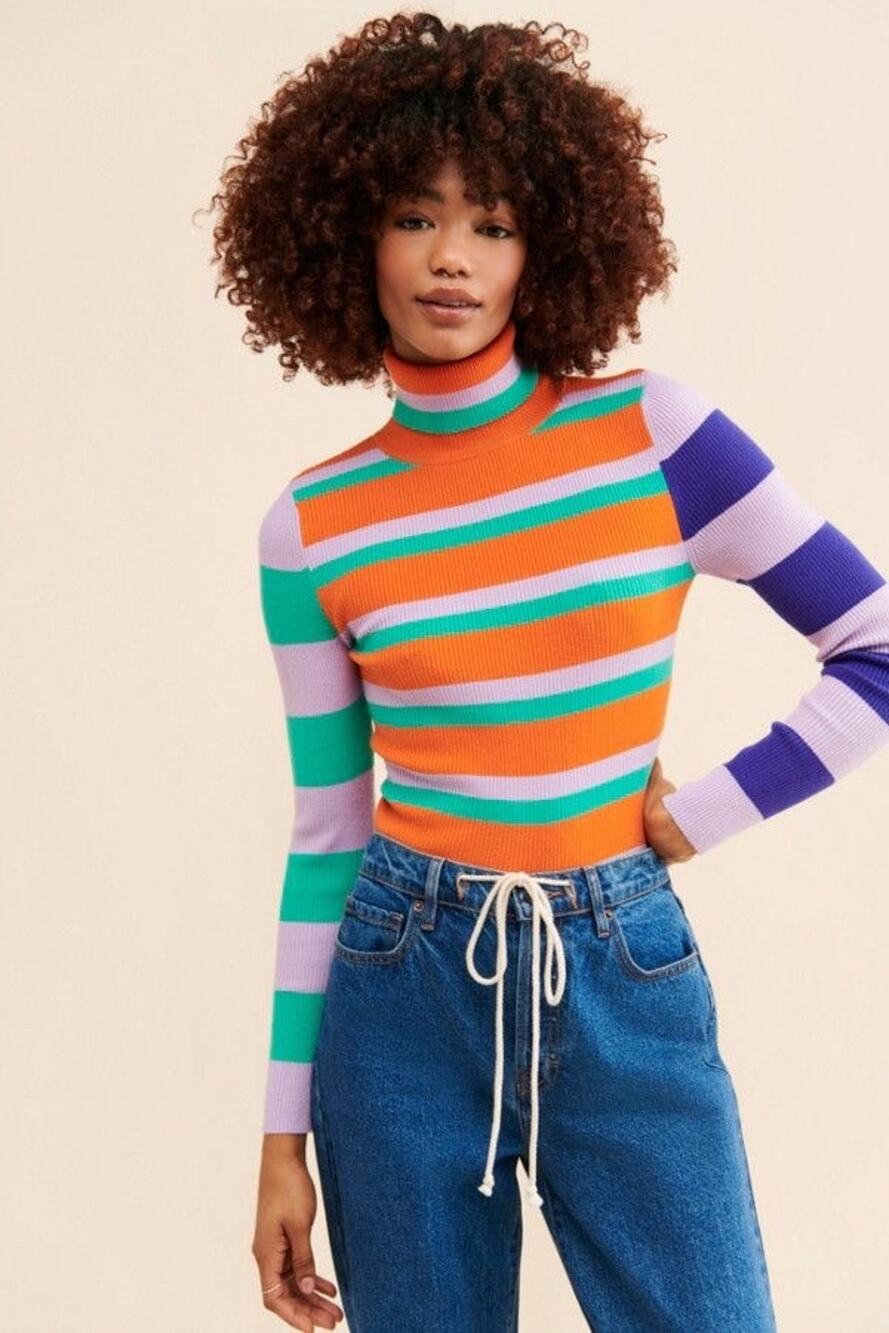Anthropologie Maeve Bright Stripe Ribbed Turtleneck Sweater XS Y2K Indie Hipster